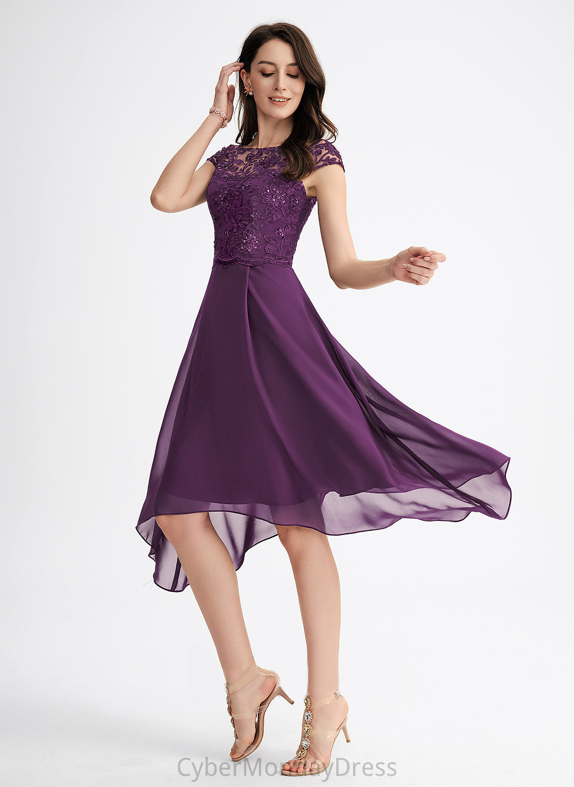 Beading Sequins Cocktail Dresses Chiffon Scoop Cocktail Lace Neck Mareli Dress A-Line Asymmetrical With
