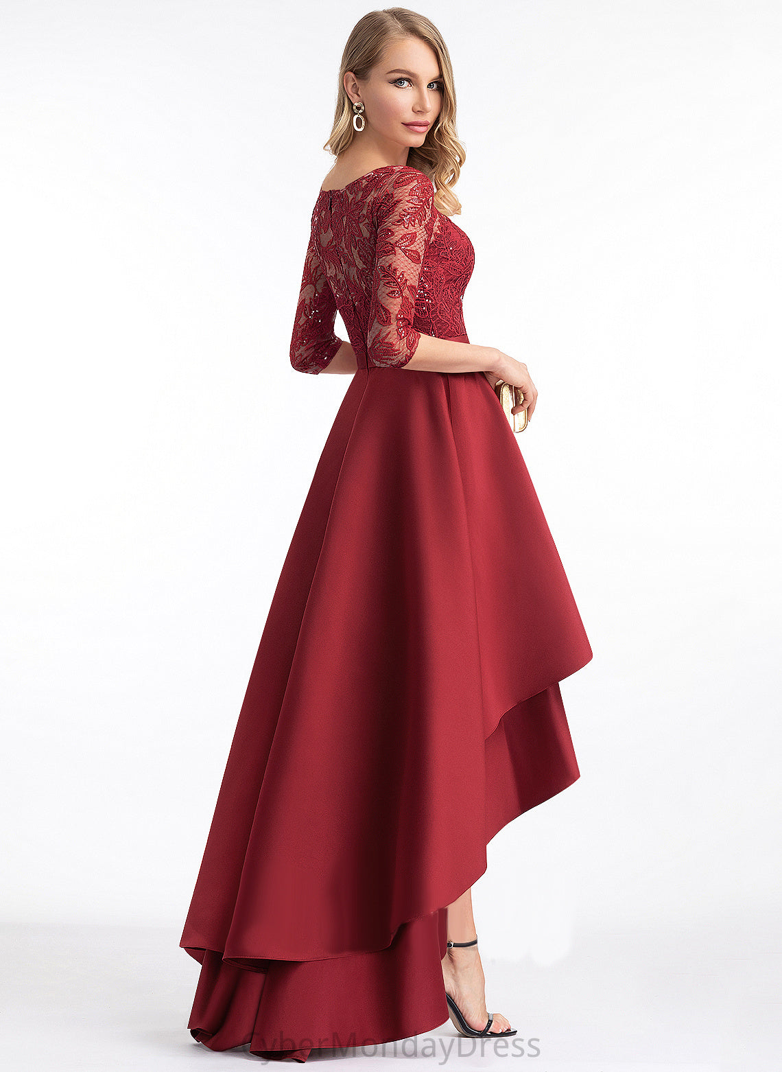 Marcia Neck Round Sequins Asymmetrical Lace 1/2 Satin Dresses Club Dresses Satin A-line Sleeves