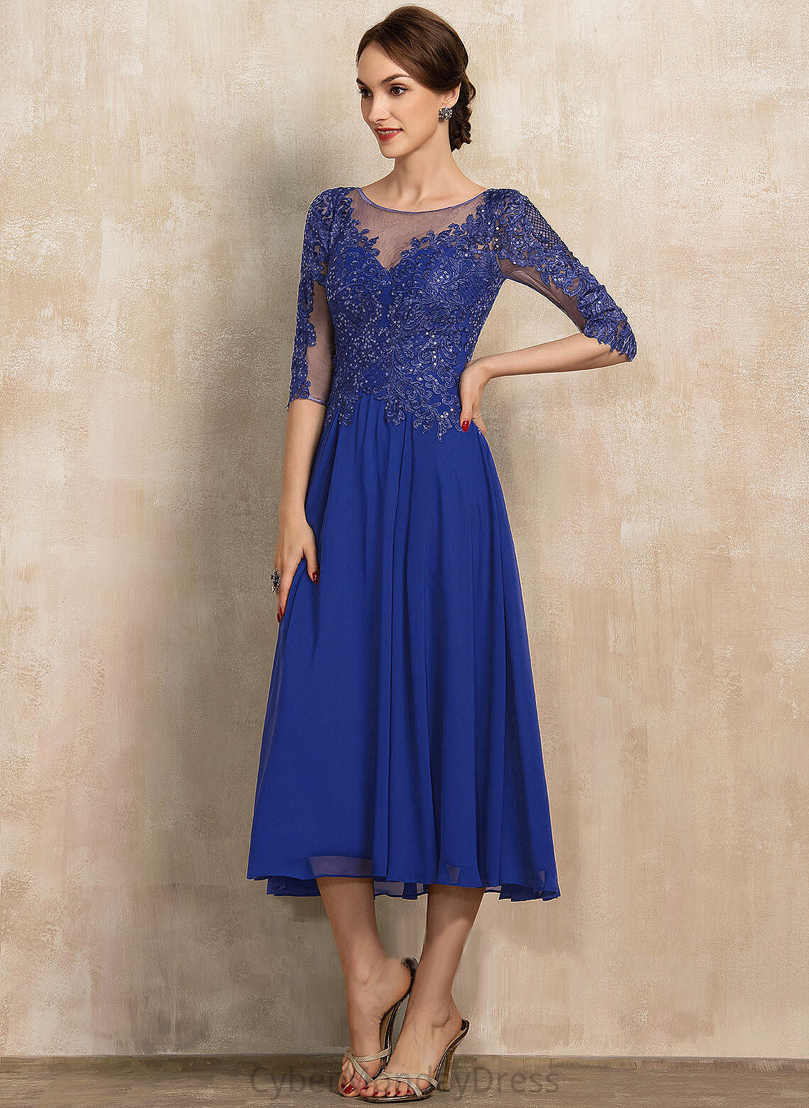 Lucy Dress Lace Sequins A-Line Neck Cocktail Scoop Tea-Length With Cocktail Dresses Chiffon