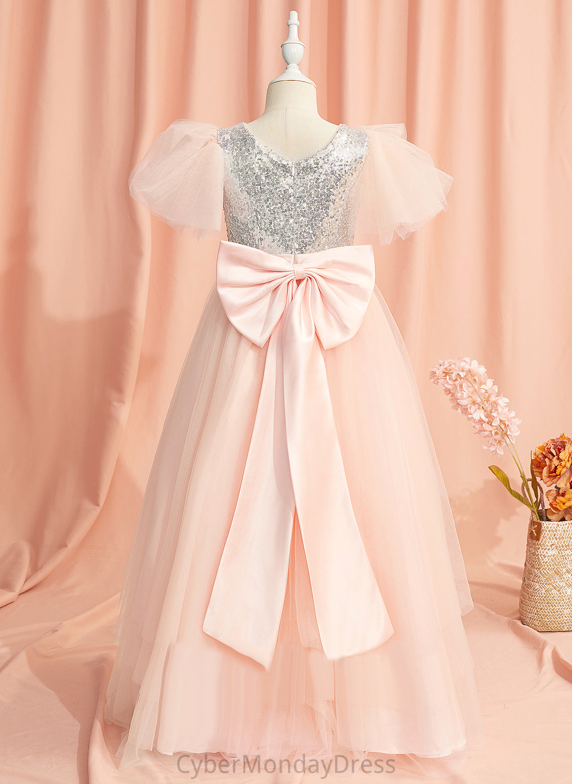 Beading/Sequins/Bow(s) Girl Flower Girl Dresses Scoop Flower Alina - Tulle/Sequined Sleeves Dress Short Neck With Floor-length Ball-Gown/Princess