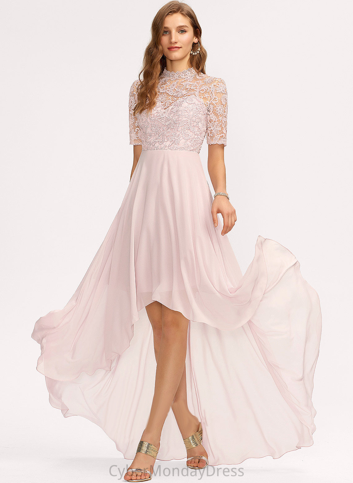 Straps Lace A-Line Length Neckline HighNeck Asymmetrical Fabric Silhouette Ariana Knee Length Natural Waist Bridesmaid Dresses
