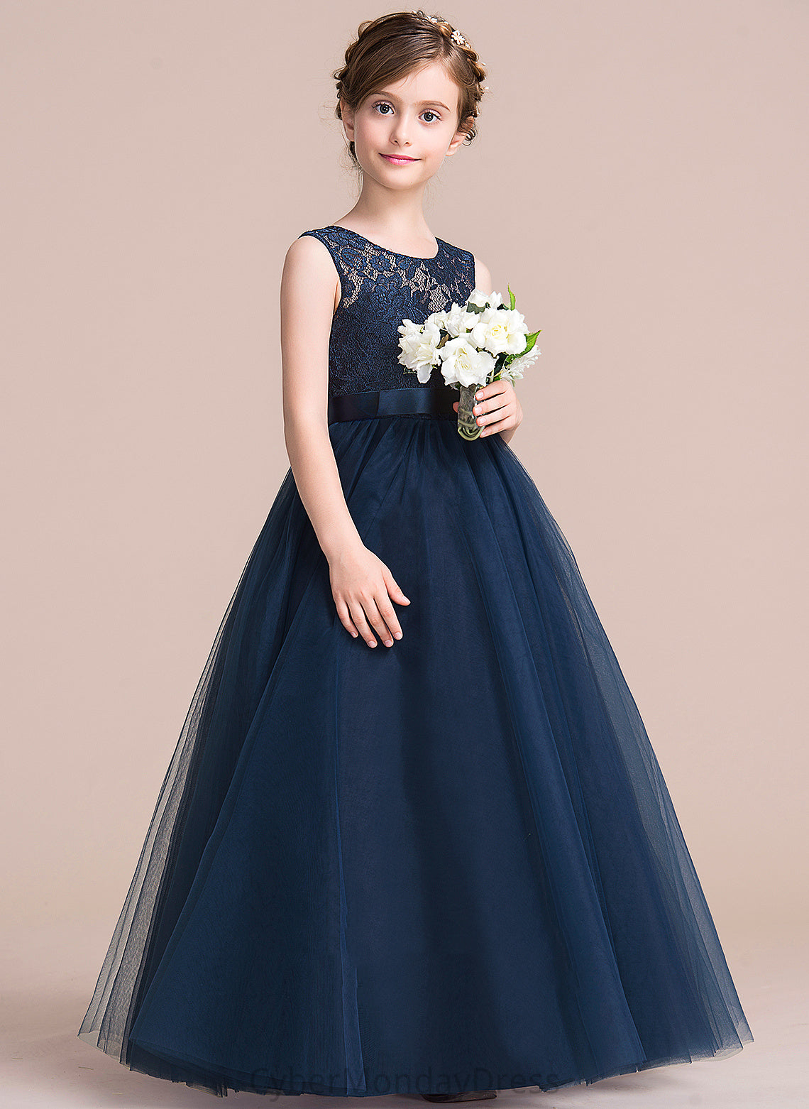 A-Line Scoop Satin/Tulle/Lace Girl - Floor-length Flower Neck Dress Sleeveless Flower Girl Dresses Elianna
