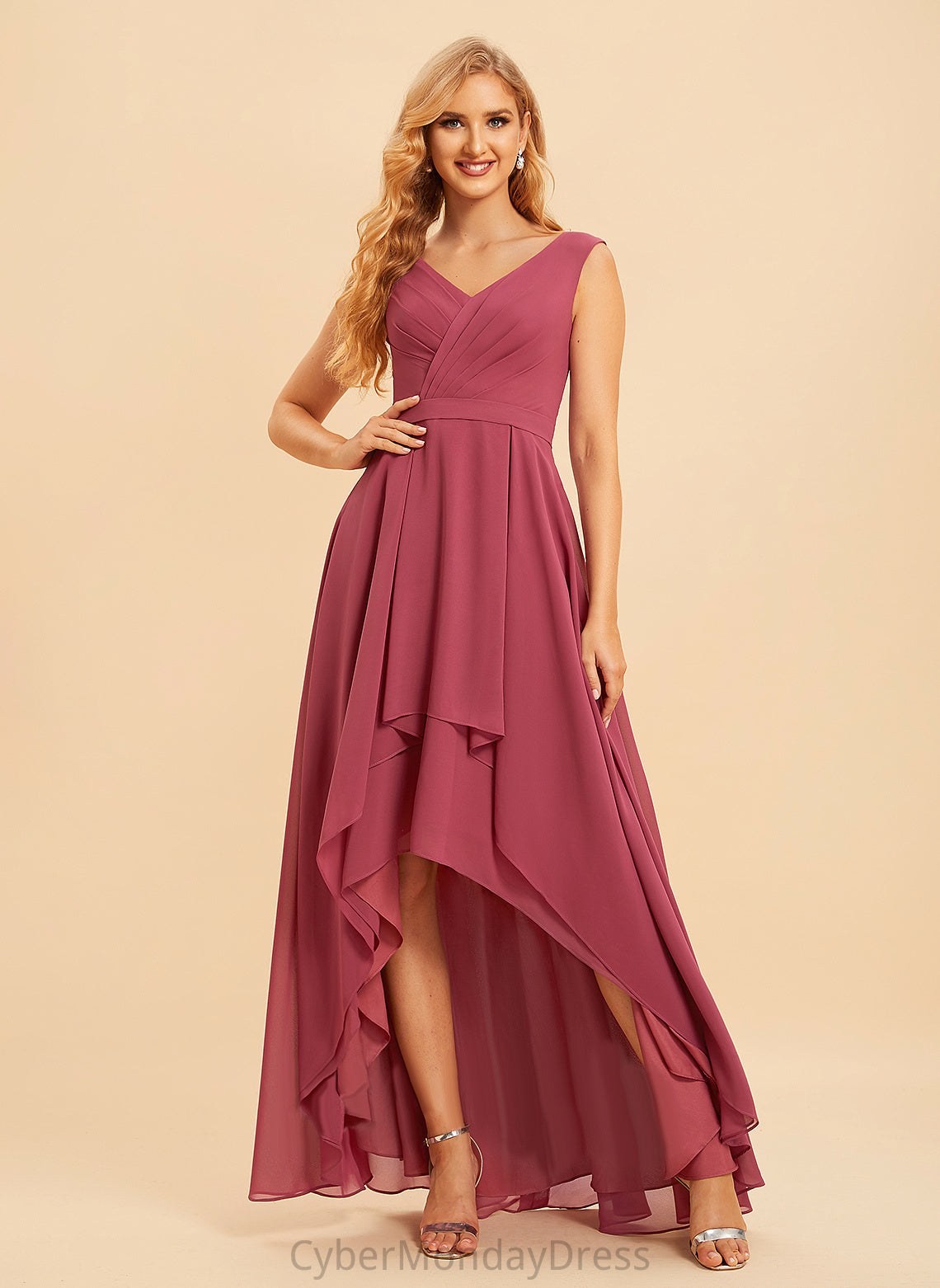A-Line Length Ruffle Embellishment V-neck Asymmetrical Neckline Silhouette Fabric Abbie Floor Length Halter Bridesmaid Dresses