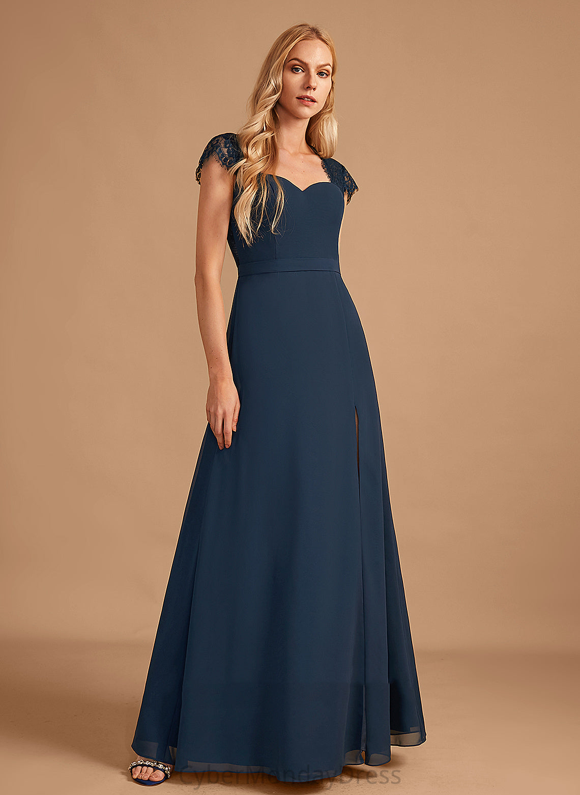 A-Line SplitFront V-neck Neckline Fabric Length Embellishment Lace Silhouette Floor-Length Selina Bridesmaid Dresses