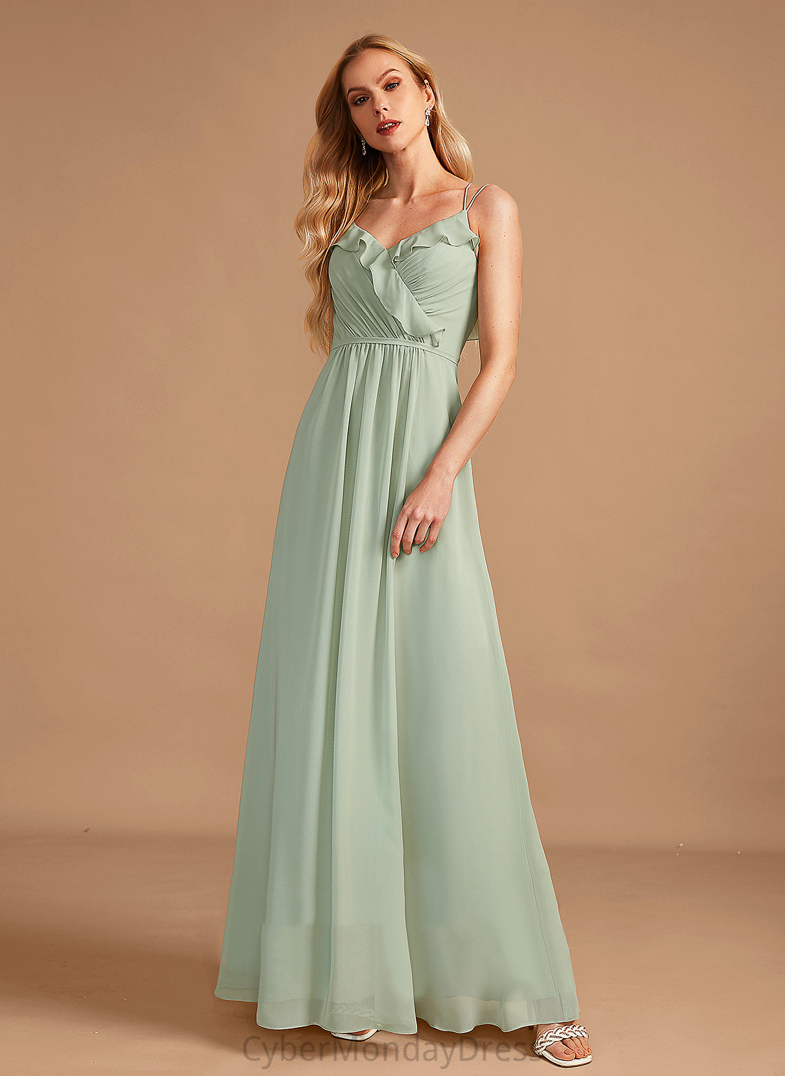 Fabric Length A-Line Neckline Floor-Length Silhouette V-neck Ruffle Embellishment Cloe Bridesmaid Dresses