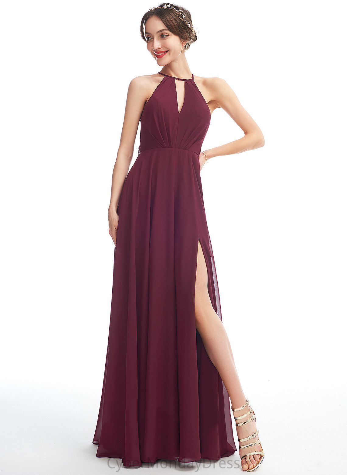 Floor-Length Neckline Embellishment Length Silhouette Halter SplitFront Fabric A-Line Anabel Bridesmaid Dresses