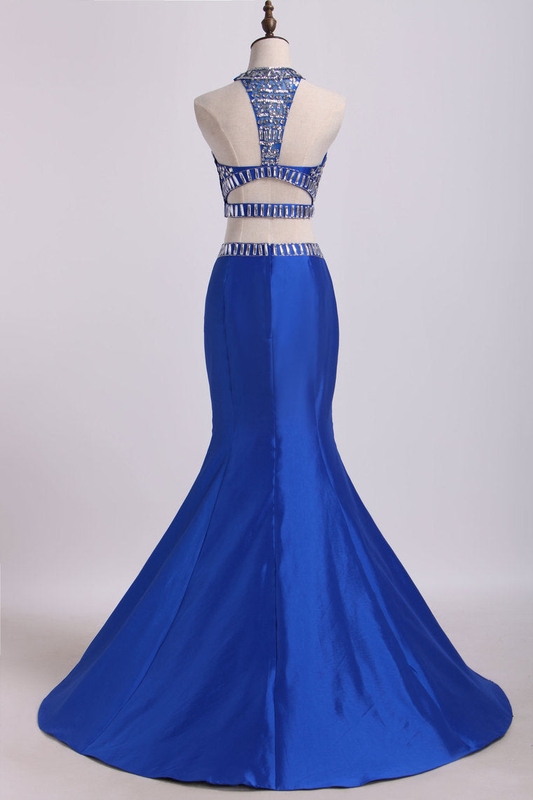 2022 Two Pieces High Neck Mermaid Prom Dresses With Beads