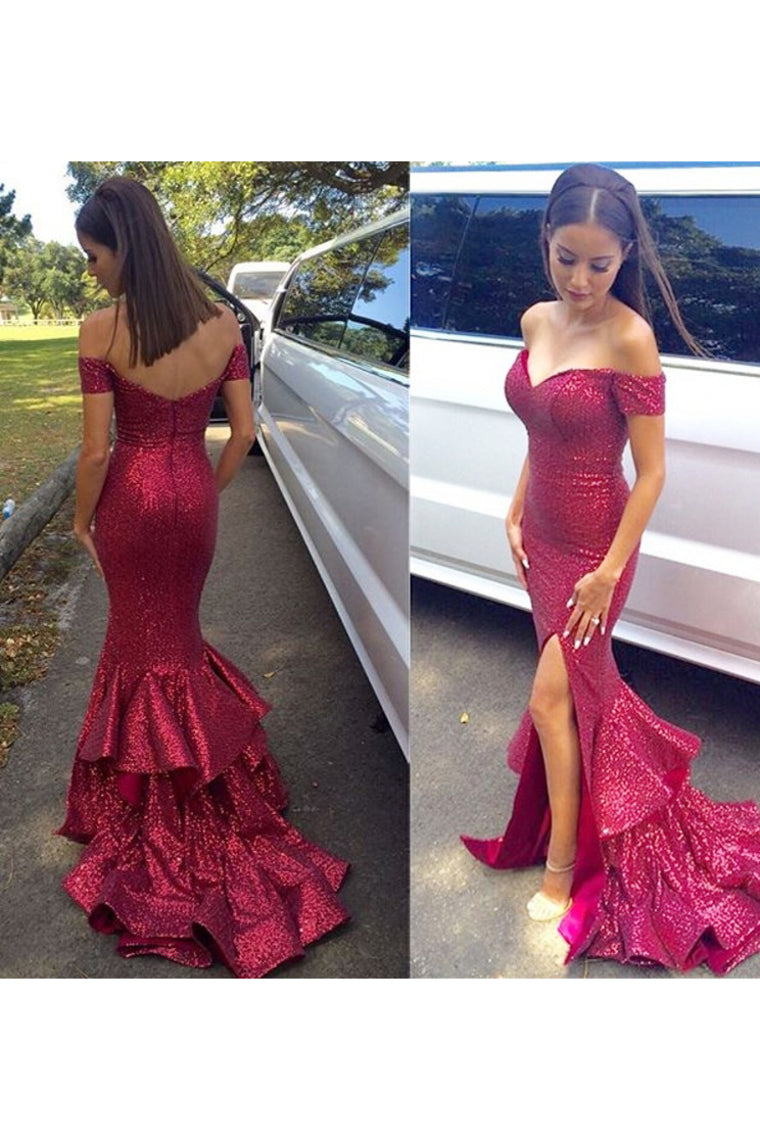 Sexy Off The Shoulder Prom Dresses Sheath With Slit Sequins