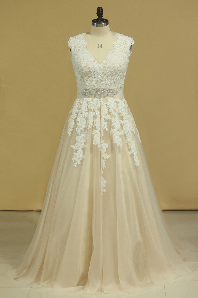 2022 Plus Size V Neck Wedding Dresses Tulle With Applique Court Train Tulle
