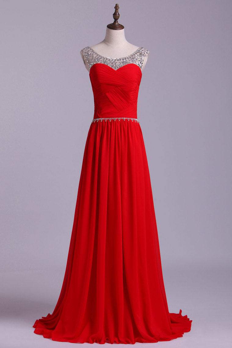 2024 Scoop Prom Dresses A Line Chiffon With Beads And Ruffles