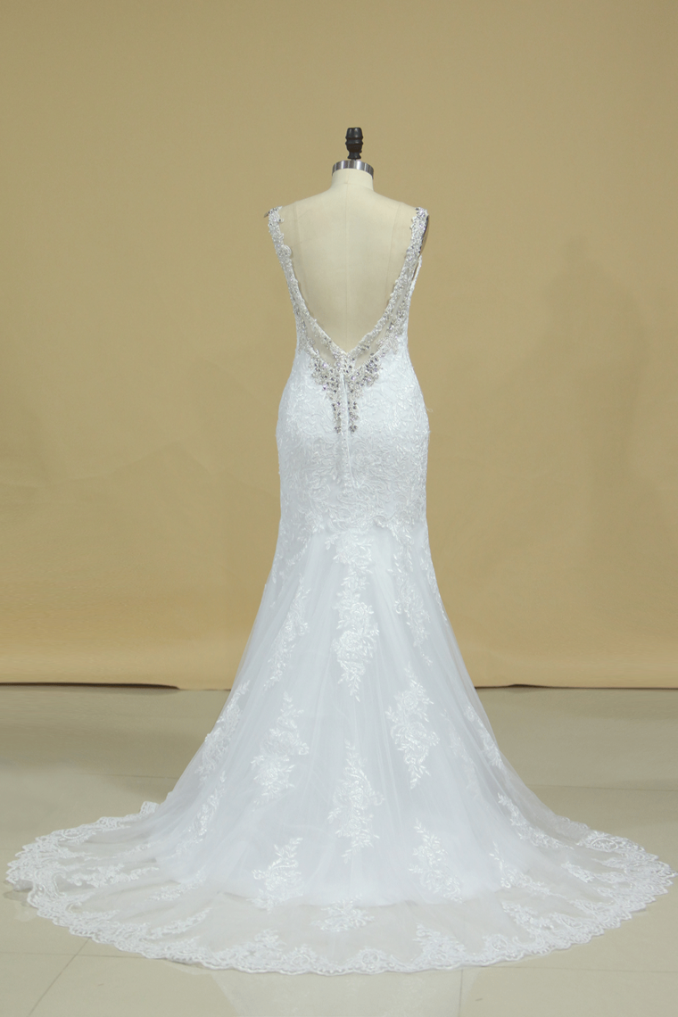 2022 Spaghetti Straps Wedding Dresses Mermaid Open Back With Applique And Beads Tulle