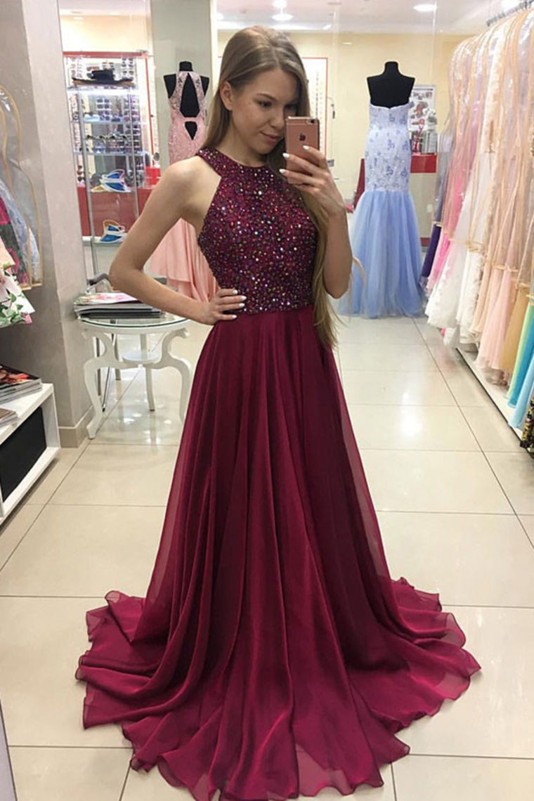 2022 Scoop Prom Dresses Chiffon With Beading A Line Sweep Train