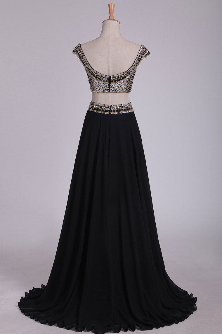 2022 Off The Shoulder Two-Piece A Line Prom Dresses Chiffon With Beading Floor Length