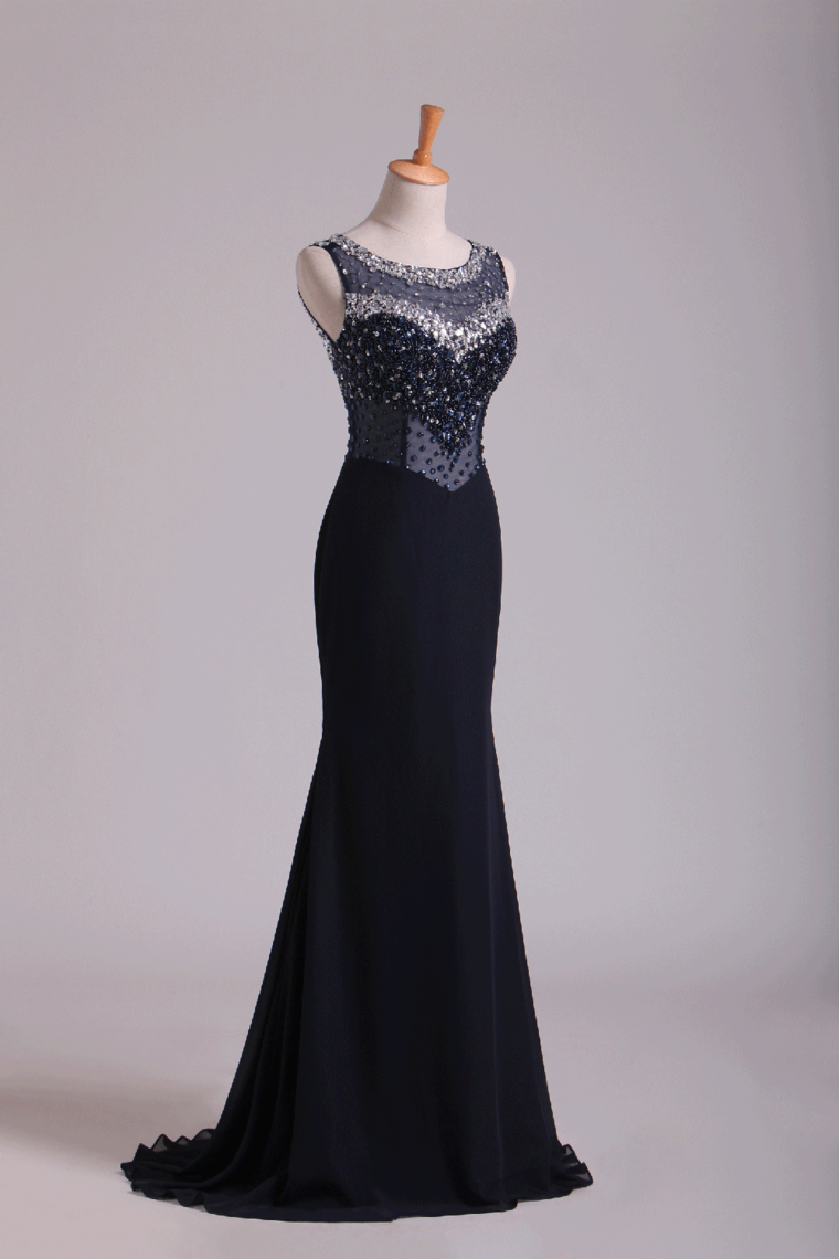 2022 Scoop Open Back Beaded Bodice Floor Length Chiffon Prom Dresses Black