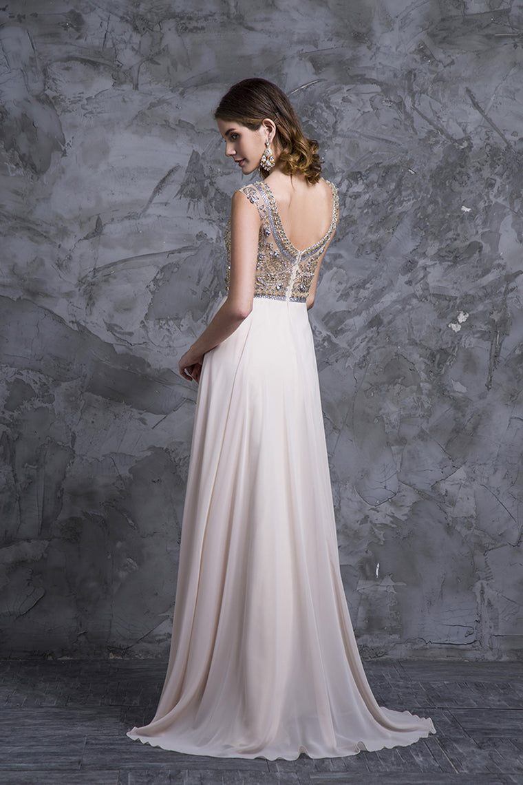 2022 Prom Dresses A-Line Scoop Beaded Bodice Floor-Length Chiffon Zipper Back