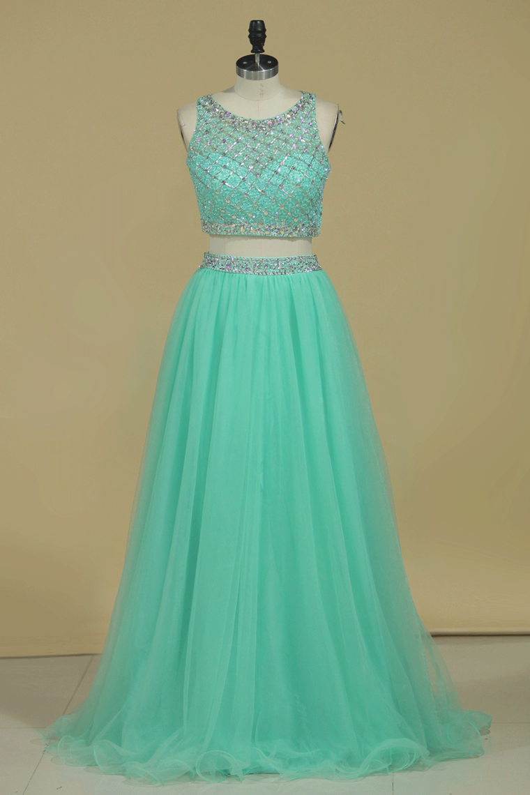 2022 Two Pieces Prom Dress Bateau A Line Pick Up Tulle With Beading