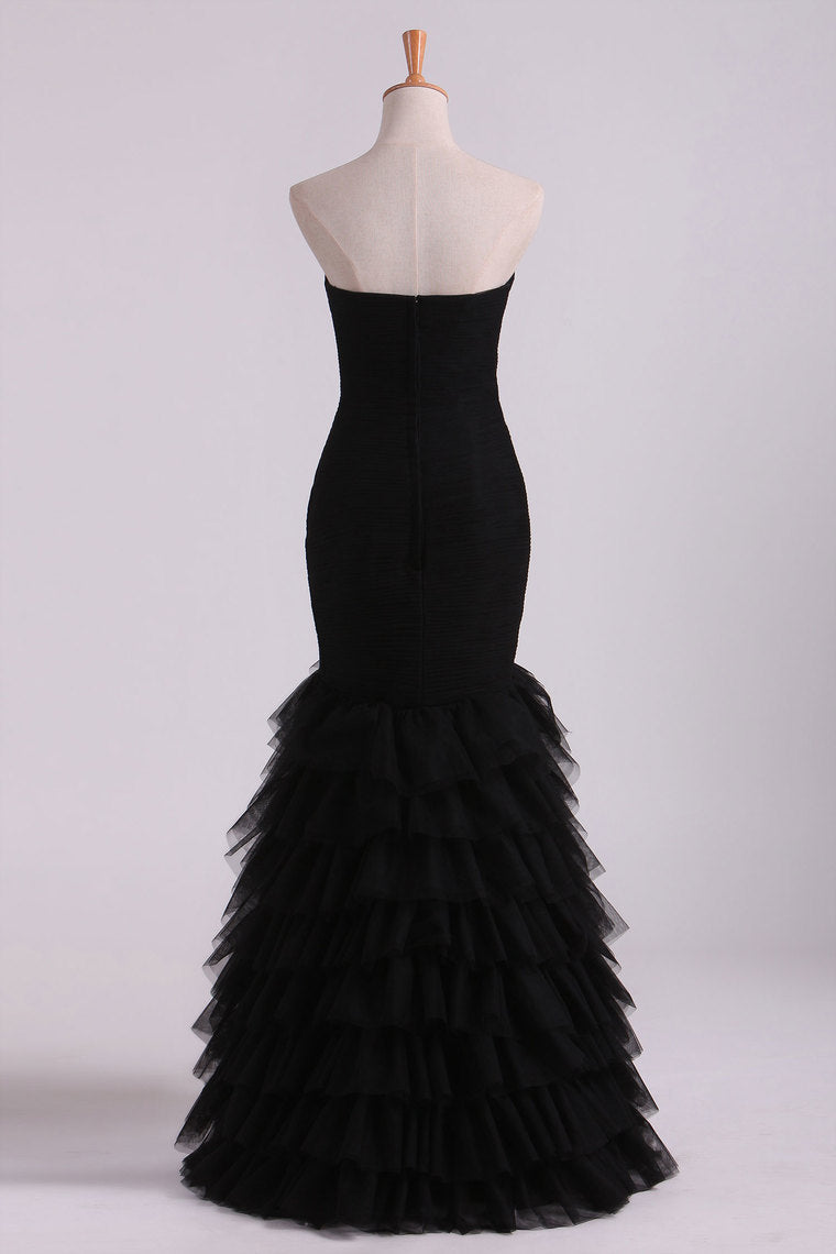 2022 Black Sweetheart Ruffled Bodice Evening Dresses Tulle Floor Length Mermaid