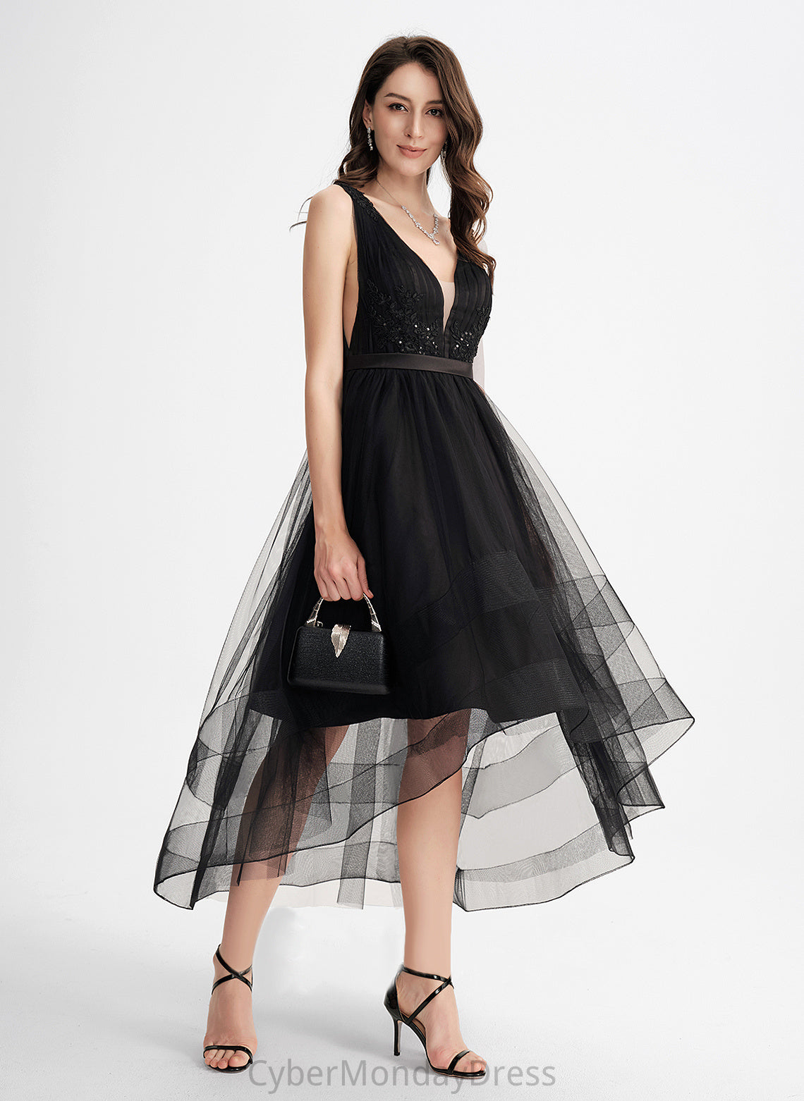 Cocktail With V-neck Asymmetrical Tulle Dress Sequins Cocktail Dresses A-Line Danica Lace