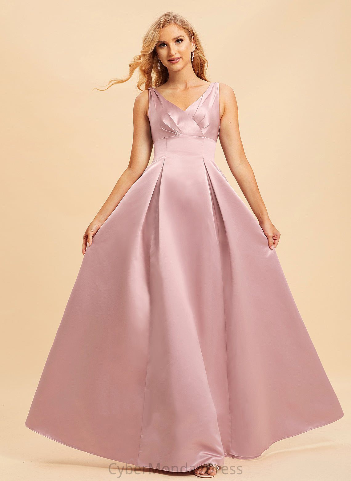 Silhouette Length Straps Satin Floor-Length A-Line V-neck Neckline Fabric Paige Bridesmaid Dresses