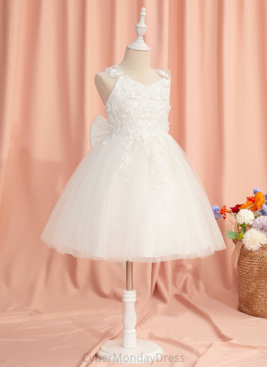 Lace/Flower(s)/Bow(s) Flower Straps Dress A-Line - Sleeveless Tulle Alexia Flower Girl Dresses Knee-length Girl With