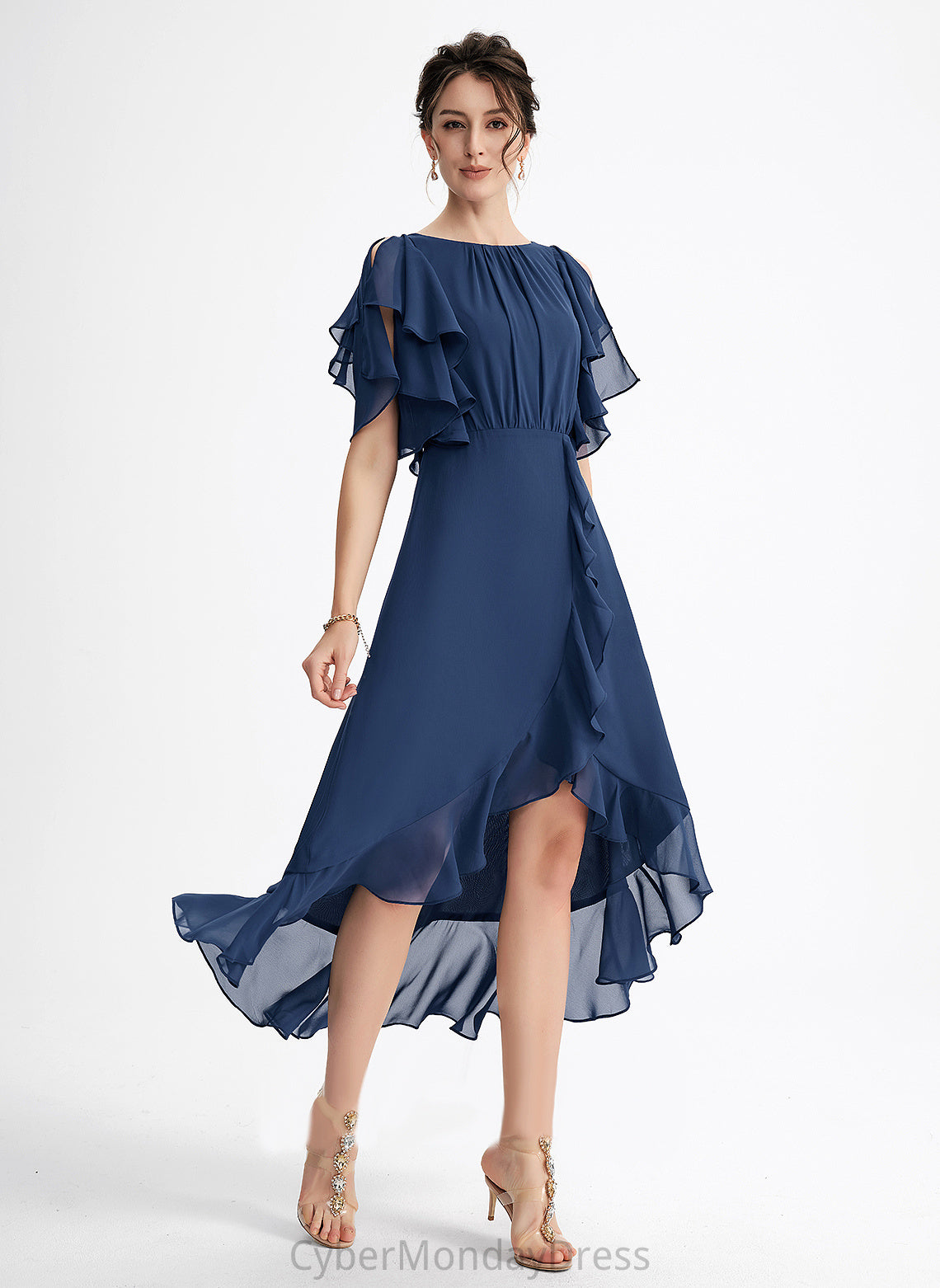 A-Line Ruffles Cocktail With Chiffon Cascading Angela Neck Scoop Dress Cocktail Dresses Asymmetrical
