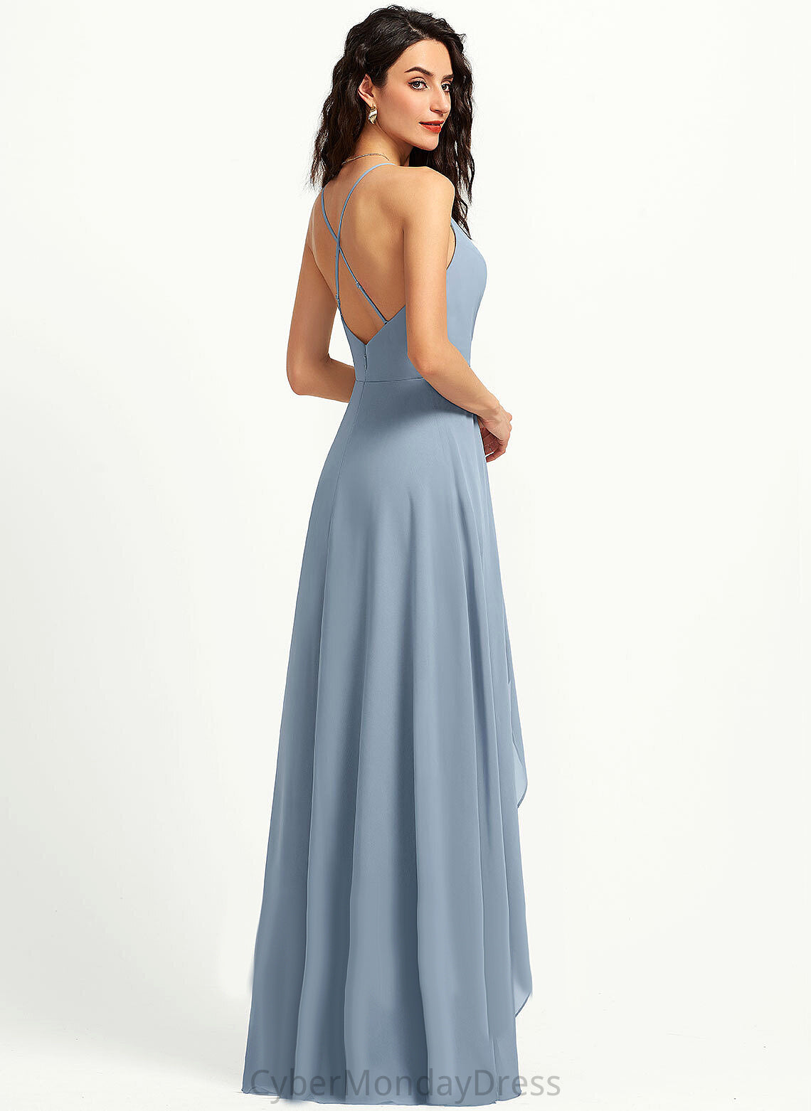 V-neck A-Line Neckline Fabric Straps Length Asymmetrical Silhouette Carissa Natural Waist Floor Length Sleeveless Bridesmaid Dresses