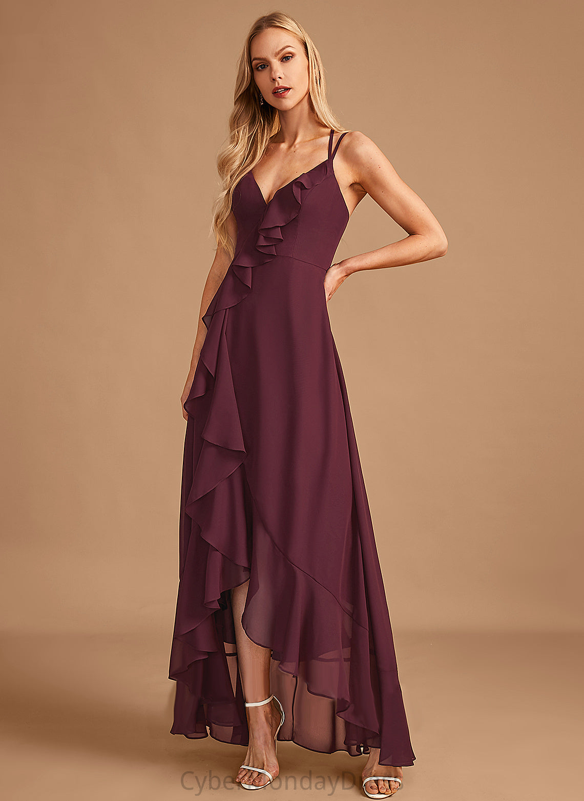 A-Line SplitFront Ruffle Fabric Silhouette Embellishment Asymmetrical Neckline V-neck Length Lizeth Scoop Bridesmaid Dresses