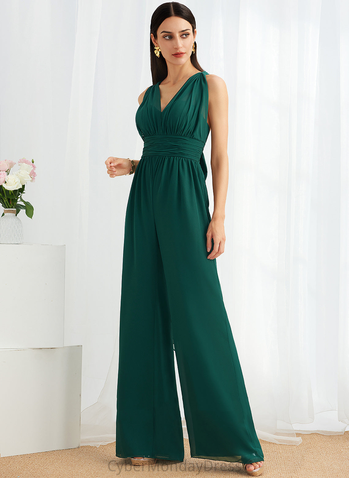 HighNeck Floor-Length Fabric Halter Ruffle Length One-Shoulder Neckline Straps Embellishment V-neck Marlene Bridesmaid Dresses