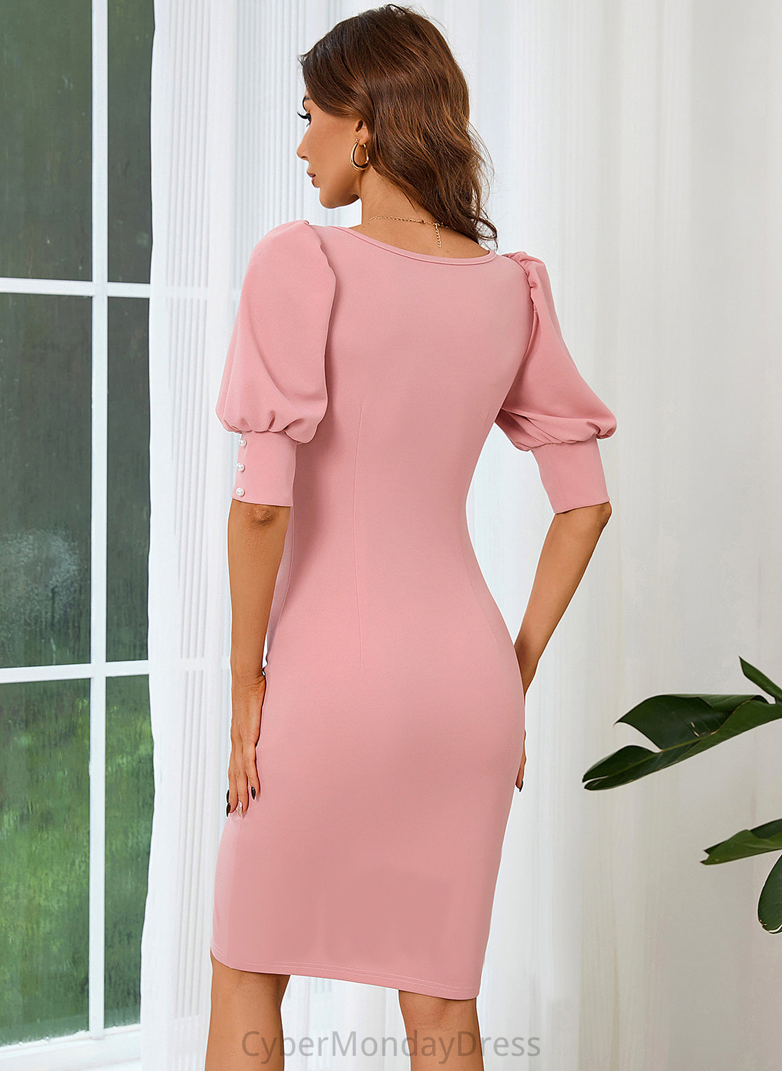 Carolina Sleeves Cotton Club Dresses Blends U-Neck Midi Dresses Bodycon Elegant 1/2