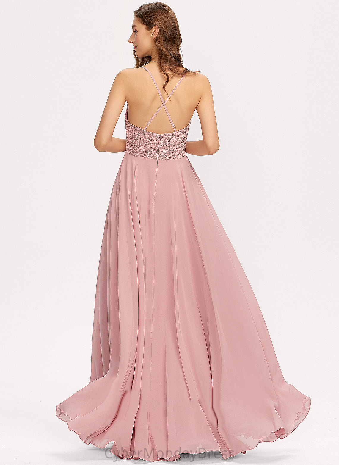 Length A-Line Silhouette V-neck Floor-Length Lace Straps Fabric Neckline Aliza Sleeveless Spaghetti Staps Bridesmaid Dresses