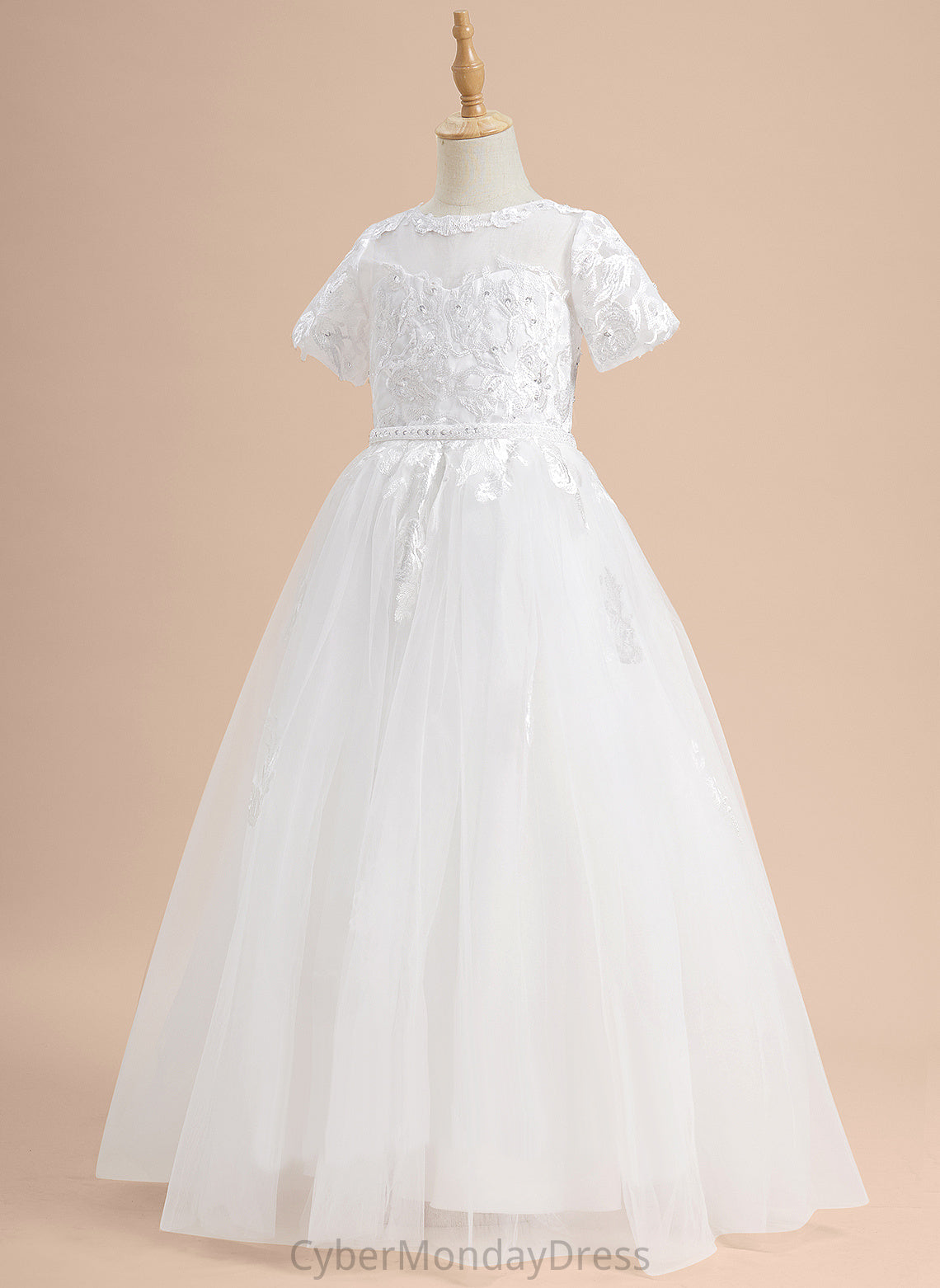 With Girl Flower Girl Dresses - Floor-length Ball-Gown/Princess Sleeves Tulle Mariela Scoop Dress Short Lace/Beading/Sequins Flower Neck