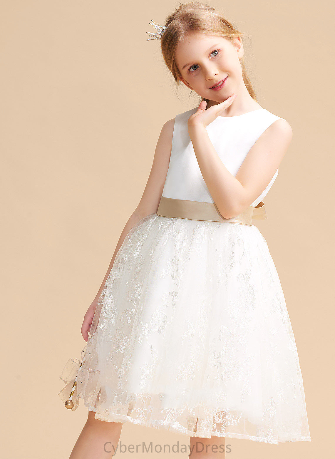 Satin/Lace Girl A-Line/Princess - Scoop Flower Girl Dresses Neck Flower With Aleah Dress Sash Sleeveless Knee-length