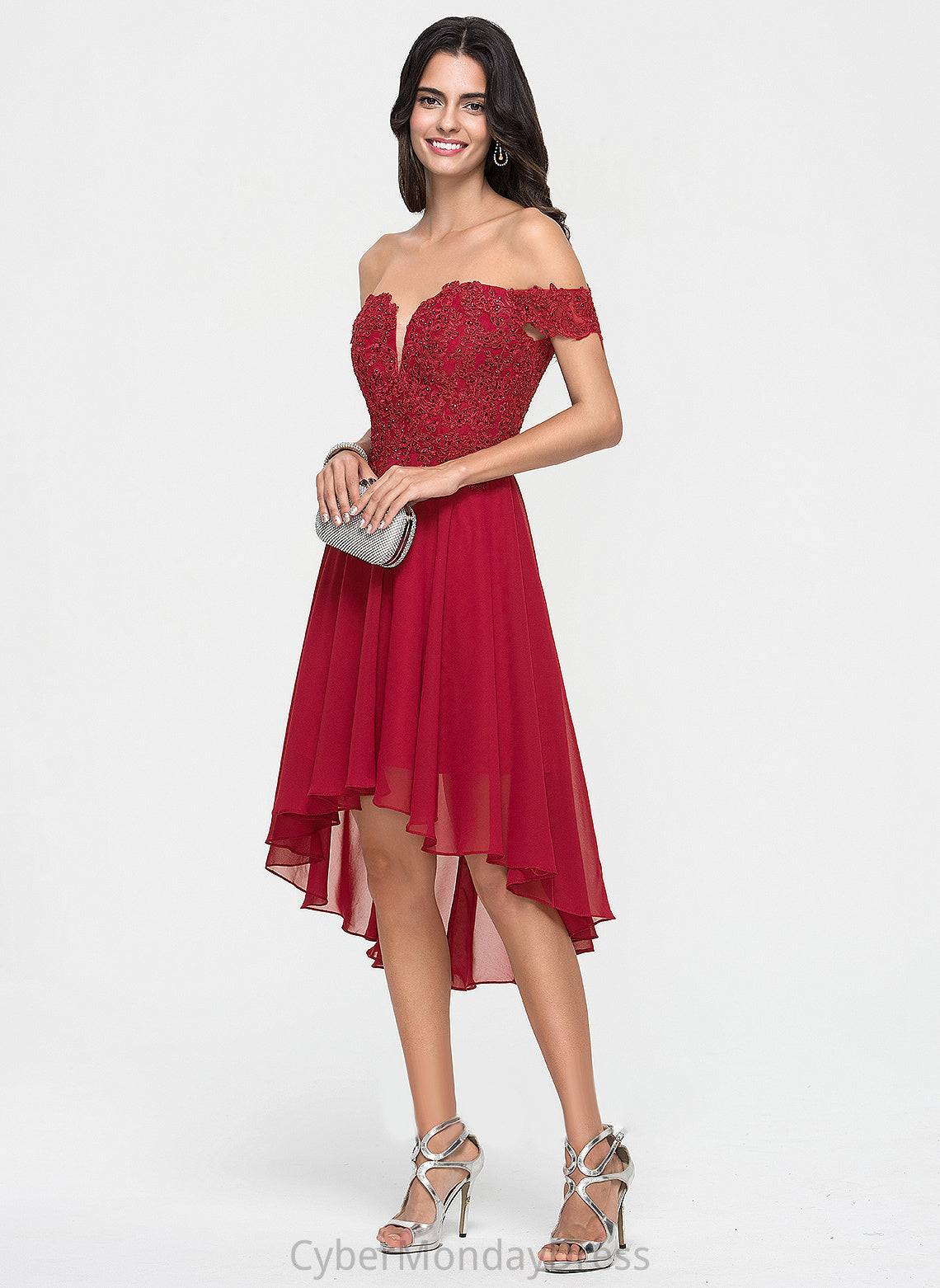 Cocktail Asymmetrical Lace With Off-the-Shoulder Cocktail Dresses Joy Beading Chiffon Dress A-Line