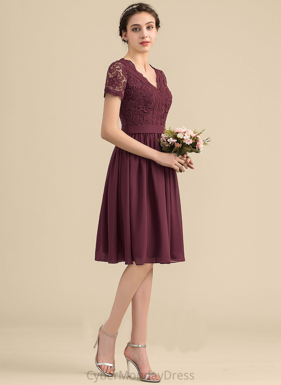 Chiffon Dress Lace V-neck Madilyn Cocktail Dresses Cocktail A-Line Lace With Knee-Length