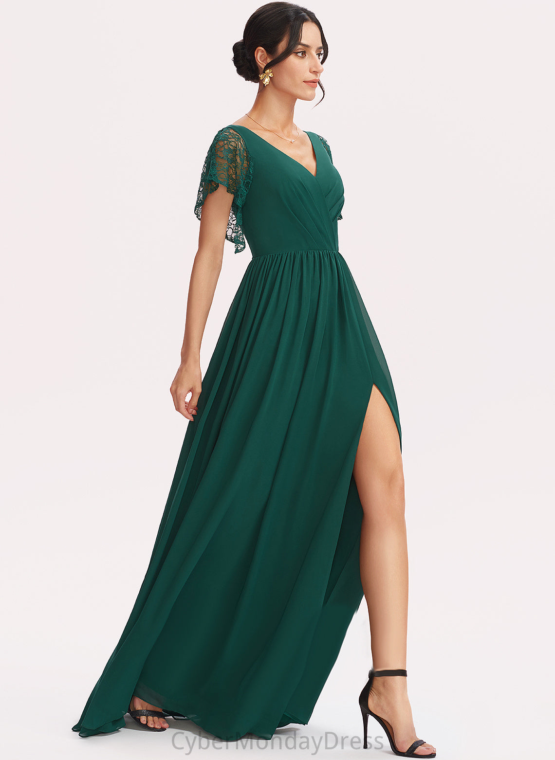 Fabric A-Line V-neck Lace Embellishment Floor-Length Neckline SplitFront Length Silhouette Kasey Natural Waist Bridesmaid Dresses