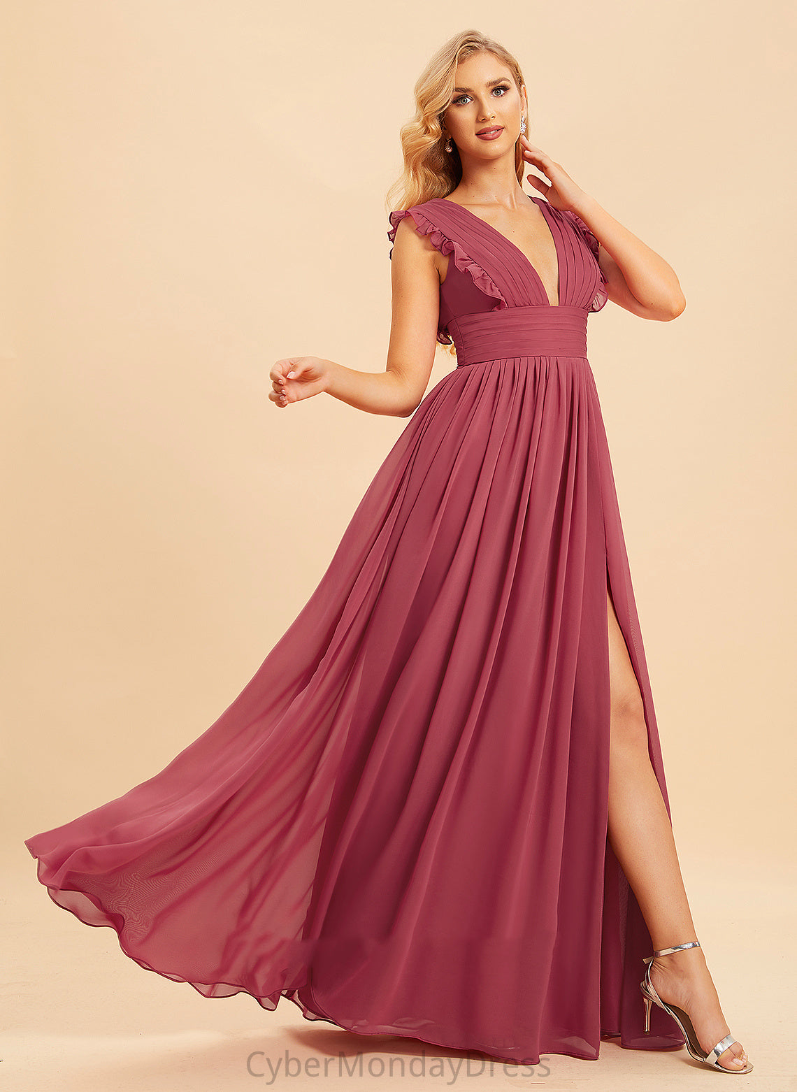 Fabric A-Line Neckline Ruffle Embellishment Length V-neck Silhouette Floor-Length SplitFront Macie Bridesmaid Dresses