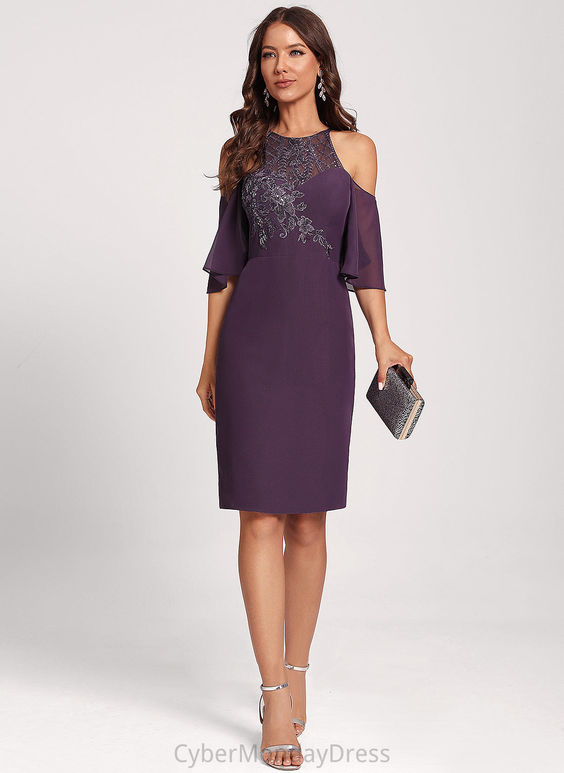 With Chiffon Knee-Length Shoulder Sequins Lace Club Dresses Cocktail Sheath/Column Peggie Cold Dress