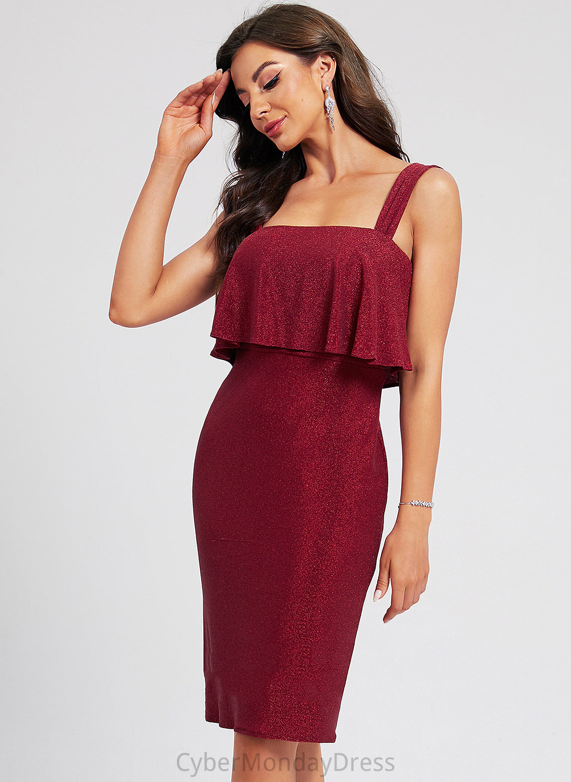 Cocktail Dresses With Knee-Length Sheath/Column Cocktail Polyester Lesly Ruffle Neckline Square Dress