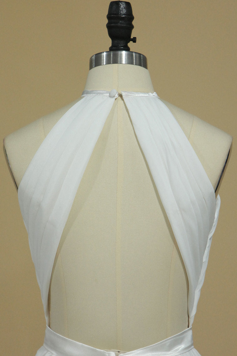 2022 Sexy Open Back Bridesmaid Dresses A Line Halter Chiffon Floor Length
