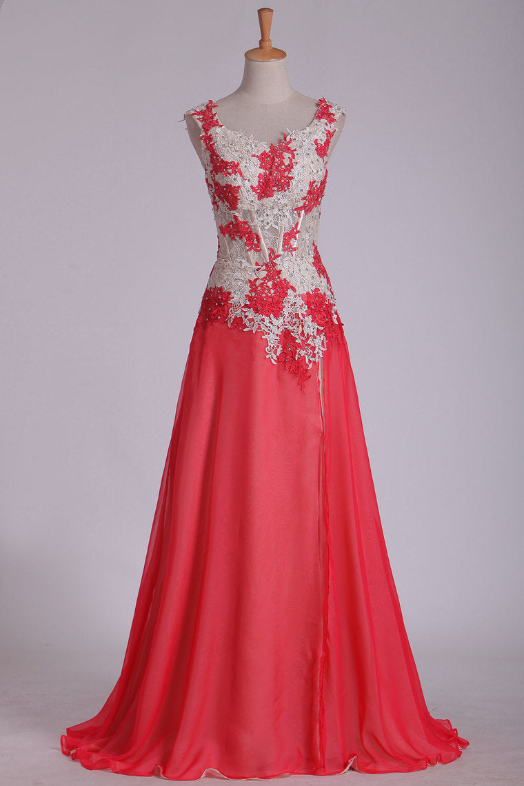 2022 Straps Prom Dresses A Line Chiffon With Applique And Beads Sweep Train