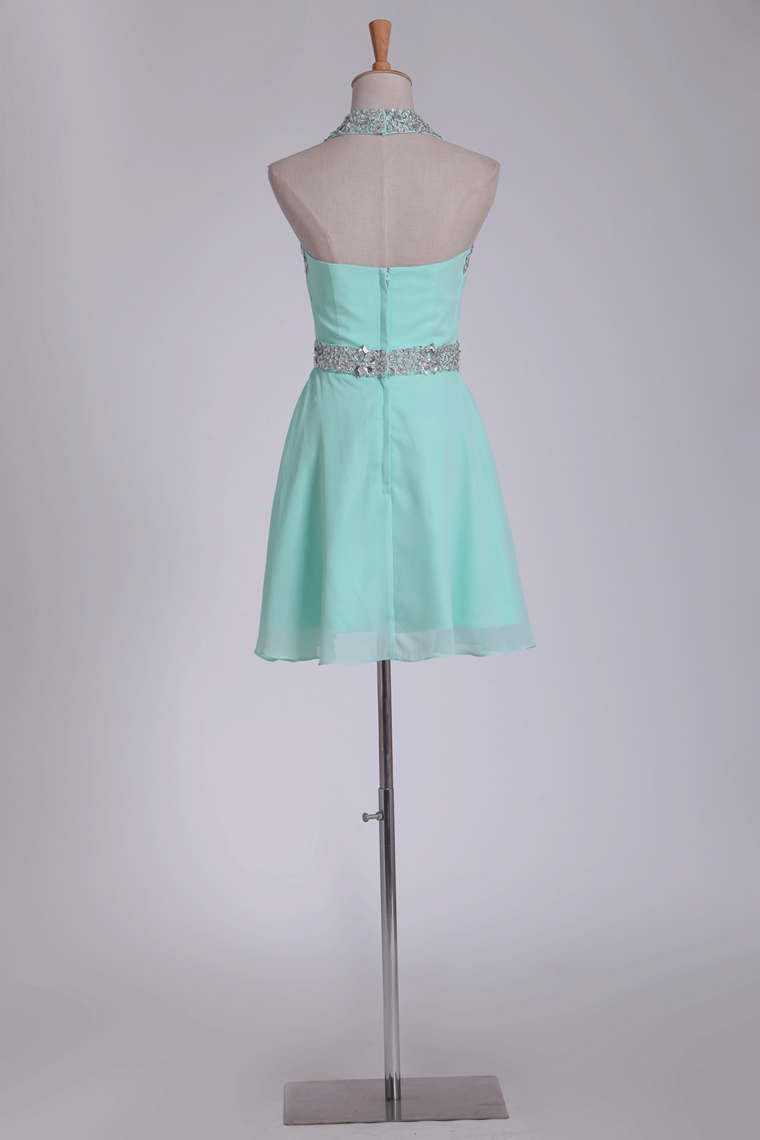 2022 Mint Homecoming Dresses Halter A-Line Short/Mini Chiffon With Beading