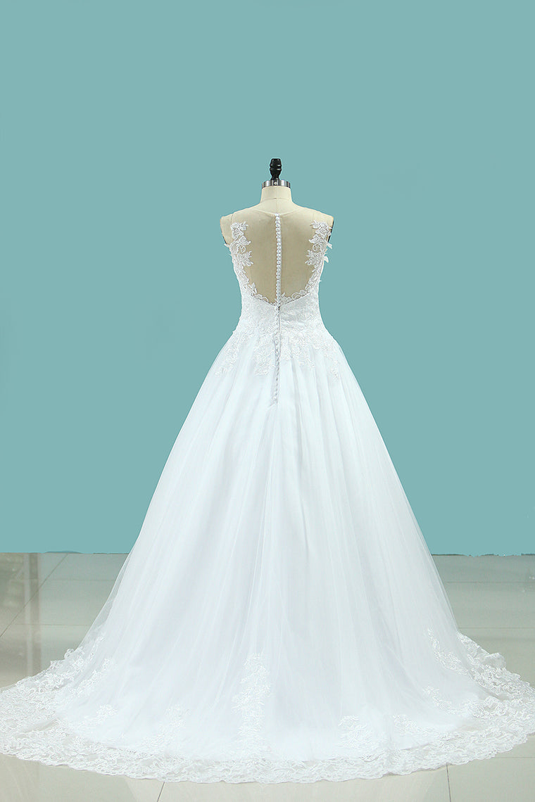 2024 Wedding Dresses A Line Scoop Tulle With Applique Court Train