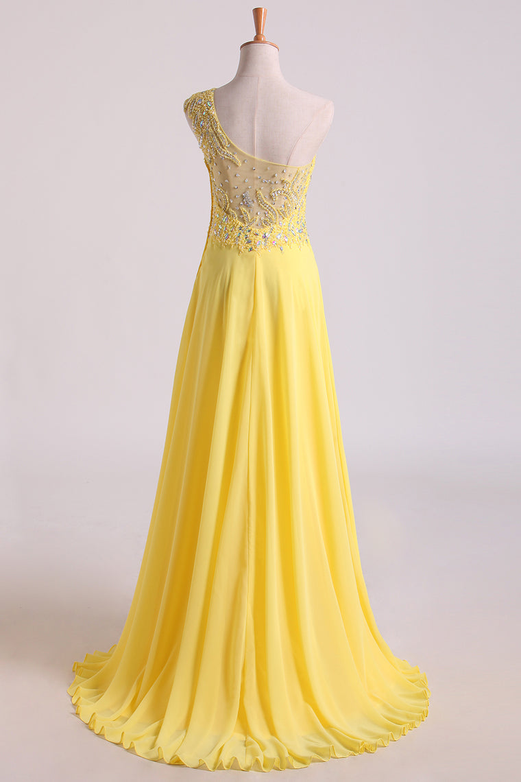 2022 Hot One Shoulder A Line Prom Dress Beaded Tulle And Chiffon Court Train