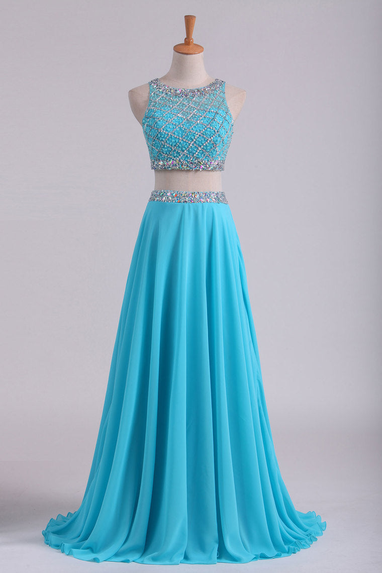 2022 Bateau Two Pieces Prom Dresses A Line Beaded Bodice Open Back Floor Length Chiffon & Tulle