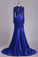 2022 Long Sleeve Evening Dresses Mermaid/Trumpet Elastic Satin With Applique Dark Royal Blue