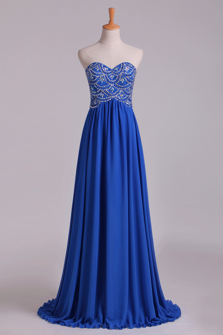 2022 New Arrival Dark Royal Blue Sweetheart Prom Dresses A Line With Beaded Bodice Chiffon