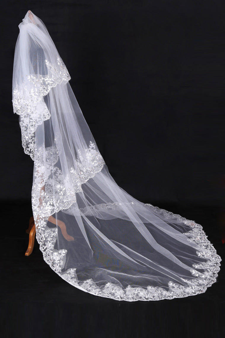Three-Tier Cathedral Length Bridal Veils With Applique