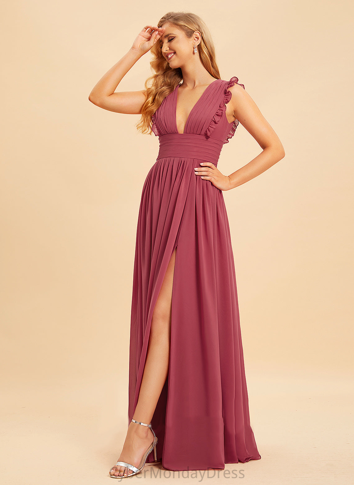 Fabric A-Line Neckline Ruffle Embellishment Length V-neck Silhouette Floor-Length SplitFront Macie Bridesmaid Dresses