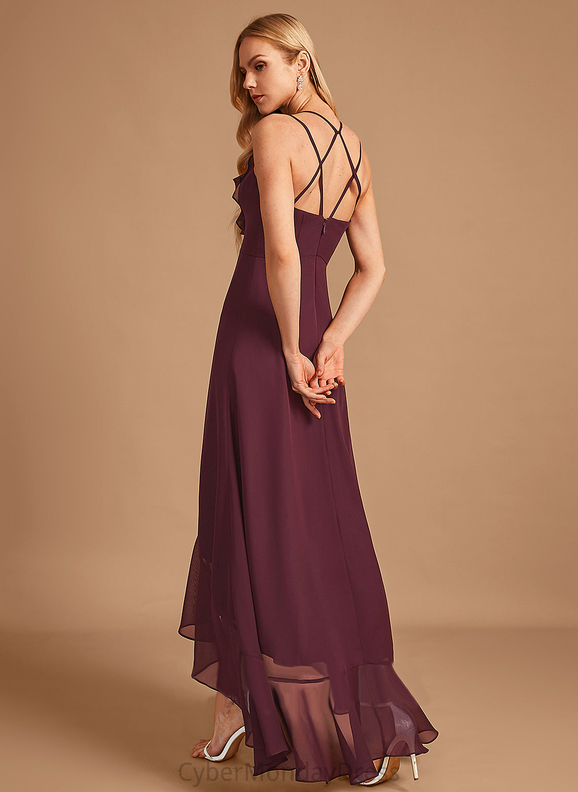 A-Line SplitFront Ruffle Fabric Silhouette Embellishment Asymmetrical Neckline V-neck Length Lizeth Scoop Bridesmaid Dresses
