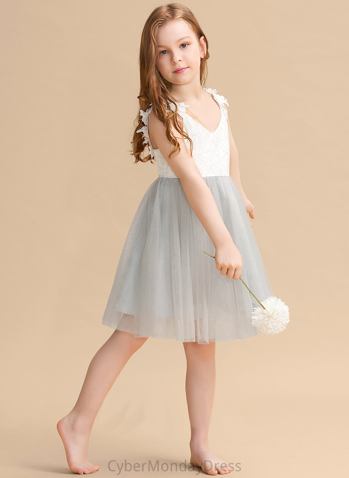 A-Line Flower Girl Dresses Tulle/Lace Sleeveless V-neck Flower Dress - Girl Annabel Knee-length